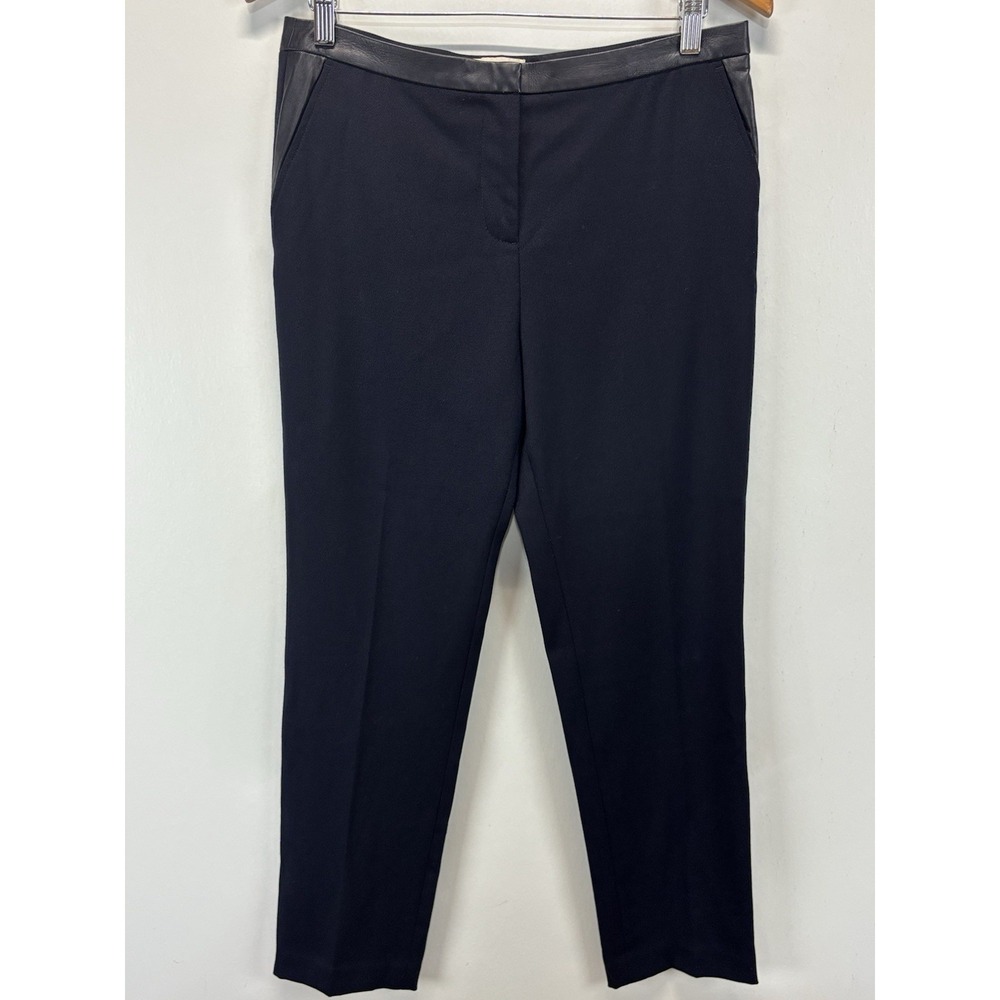 Tory Burch Christy Wool Pants Trousers Sz 8 Women's Navy Lambskin Leather Trim
